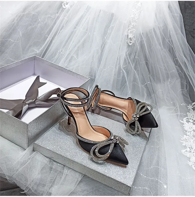 Eilyken Style Glitter Rhinestones Silk Women Pumps Crystal Bowknot Satin Spring Autumn Lady High Heels Party Prom Shoes