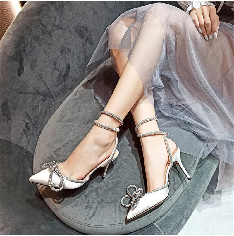 Eilyken Style Glitter Rhinestones Silk Women Pumps Crystal Bowknot Satin Spring Autumn Lady High Heels Party Prom Shoes