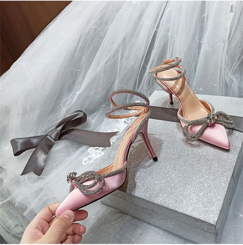 Eilyken Style Glitter Rhinestones Silk Women Pumps Crystal Bowknot Satin Spring Autumn Lady High Heels Party Prom Shoes