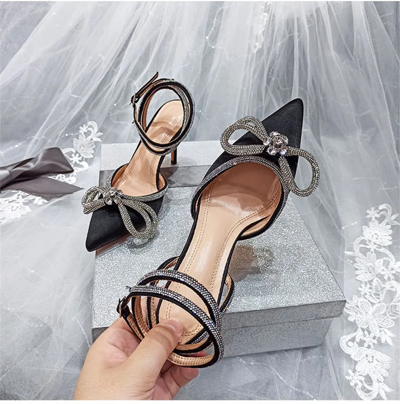 Eilyken Style Glitter Rhinestones Silk Women Pumps Crystal Bowknot Satin Spring Autumn Lady High Heels Party Prom Shoes