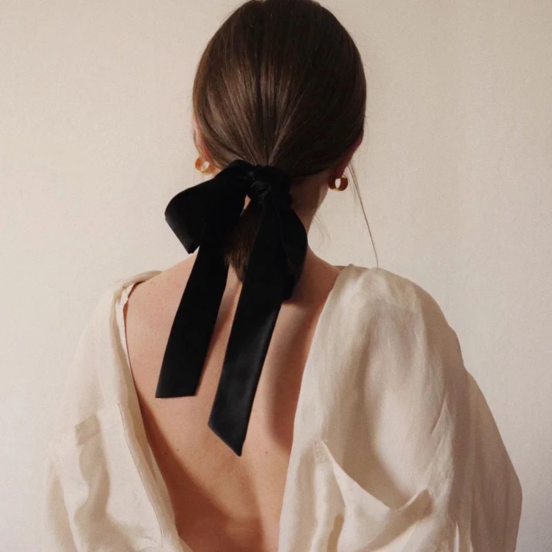 Lystrfac Vintage Black Velvet Bow Hair Ribbon Scrunchie for Women Girls Long Elastic Hair Tie Headwear Female Hair Accessories