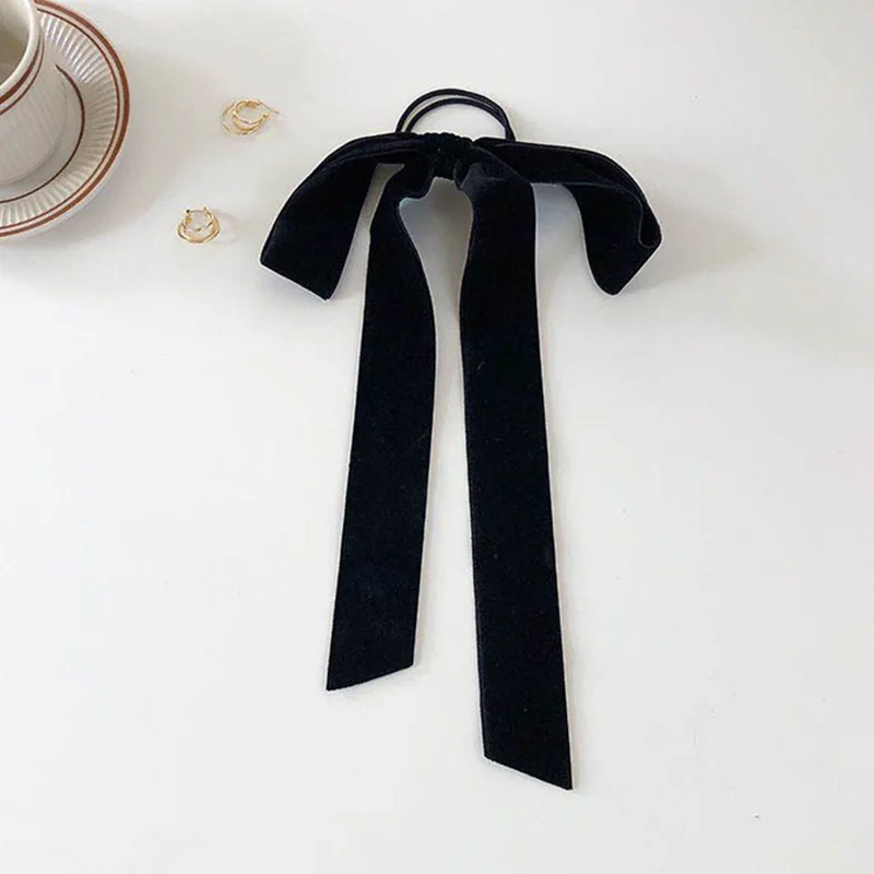 Lystrfac Vintage Black Velvet Bow Hair Ribbon Scrunchie for Women Girls Long Elastic Hair Tie Headwear Female Hair Accessories