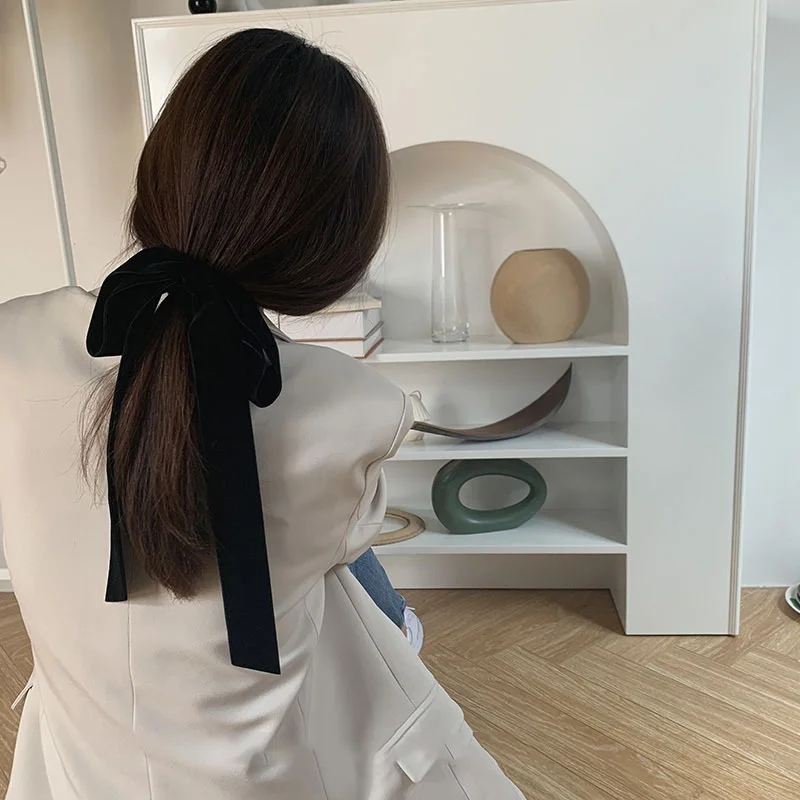 Lystrfac Vintage Black Velvet Bow Hair Ribbon Scrunchie for Women Girls Long Elastic Hair Tie Headwear Female Hair Accessories
