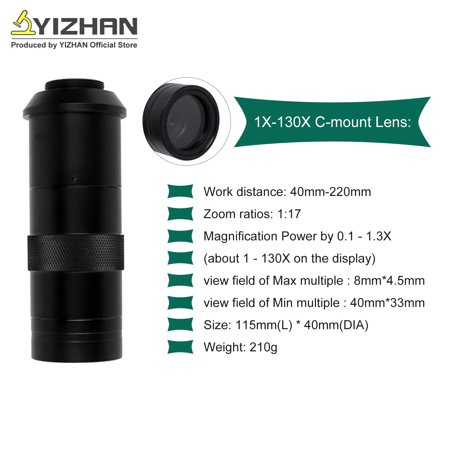 YIZHAN 215x 180x 150x Lens 0.7X~4.5X Adjustable Magnification Industry Microscope Lens Multiples CS C-MOUNT For HDMI USB Camera