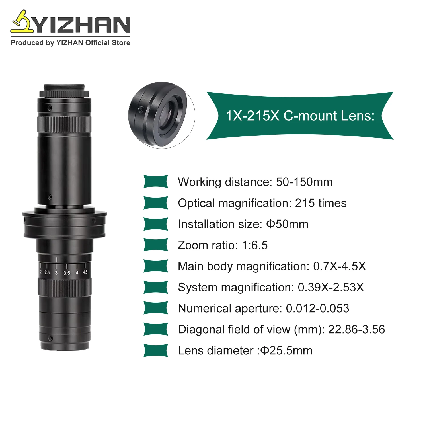 YIZHAN 215x 180x 150x Lens 0.7X~4.5X Adjustable Magnification Industry Microscope Lens Multiples CS C-MOUNT For HDMI USB Camera