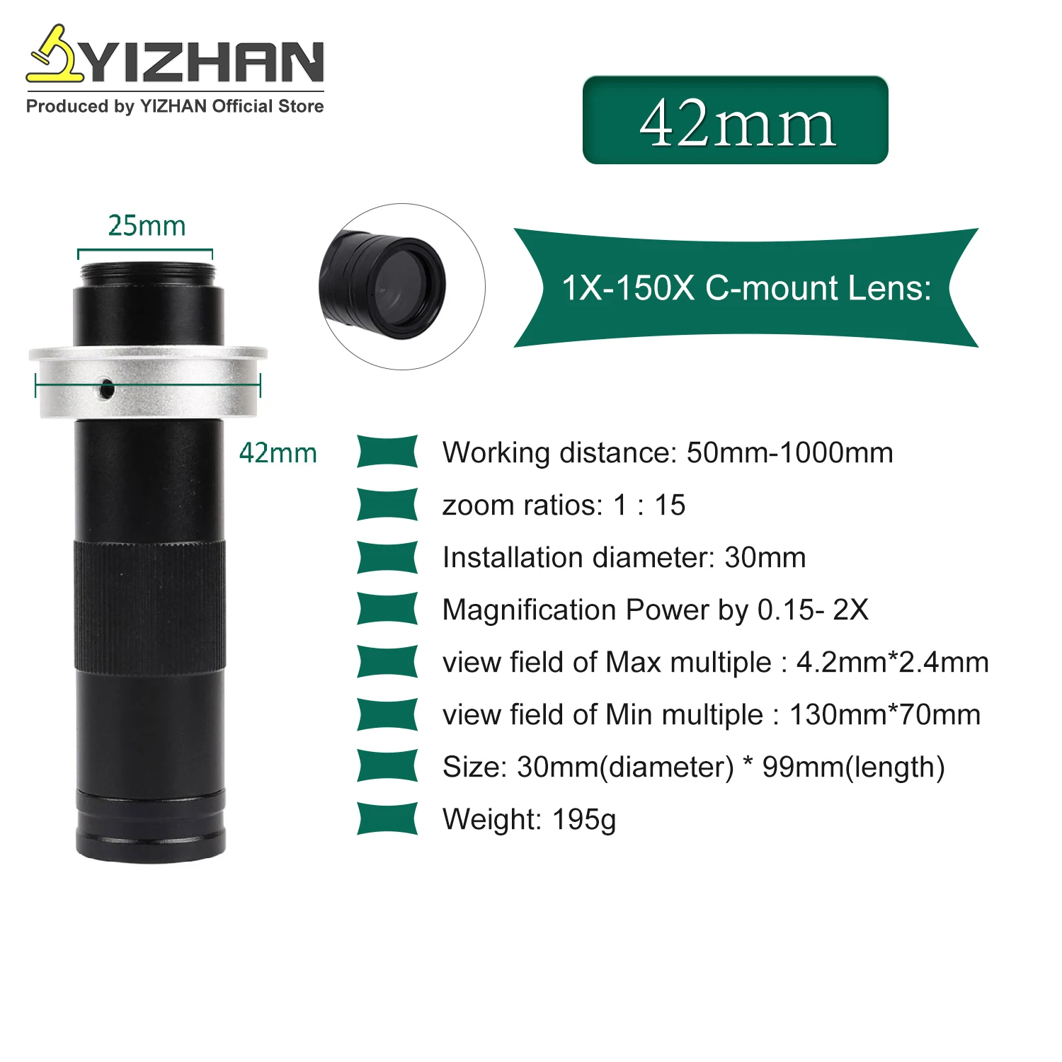 YIZHAN 215x 180x 150x Lens 0.7X~4.5X Adjustable Magnification Industry Microscope Lens Multiples CS C-MOUNT For HDMI USB Camera