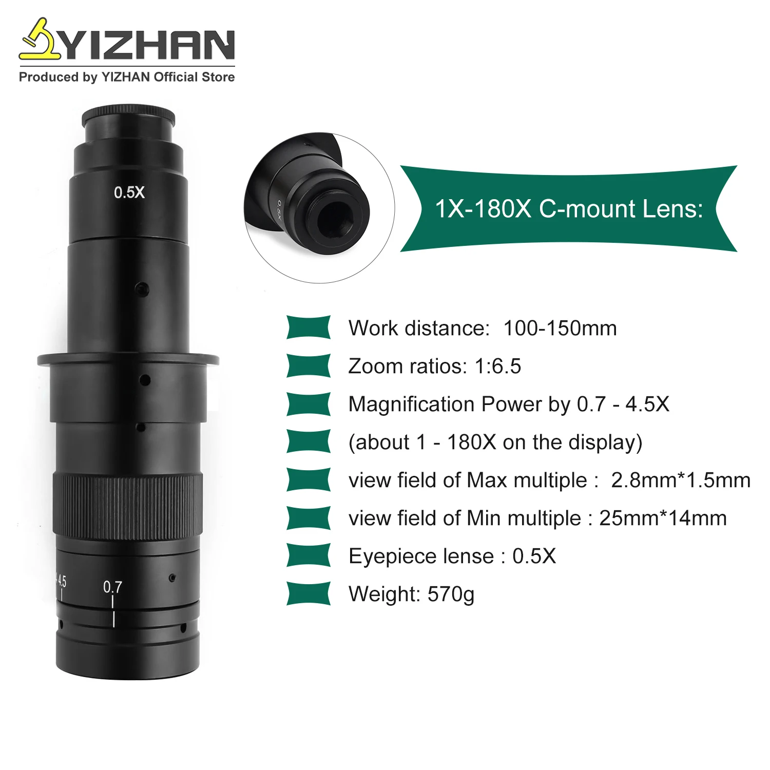 YIZHAN 215x 180x 150x Lens 0.7X~4.5X Adjustable Magnification Industry Microscope Lens Multiples CS C-MOUNT For HDMI USB Camera