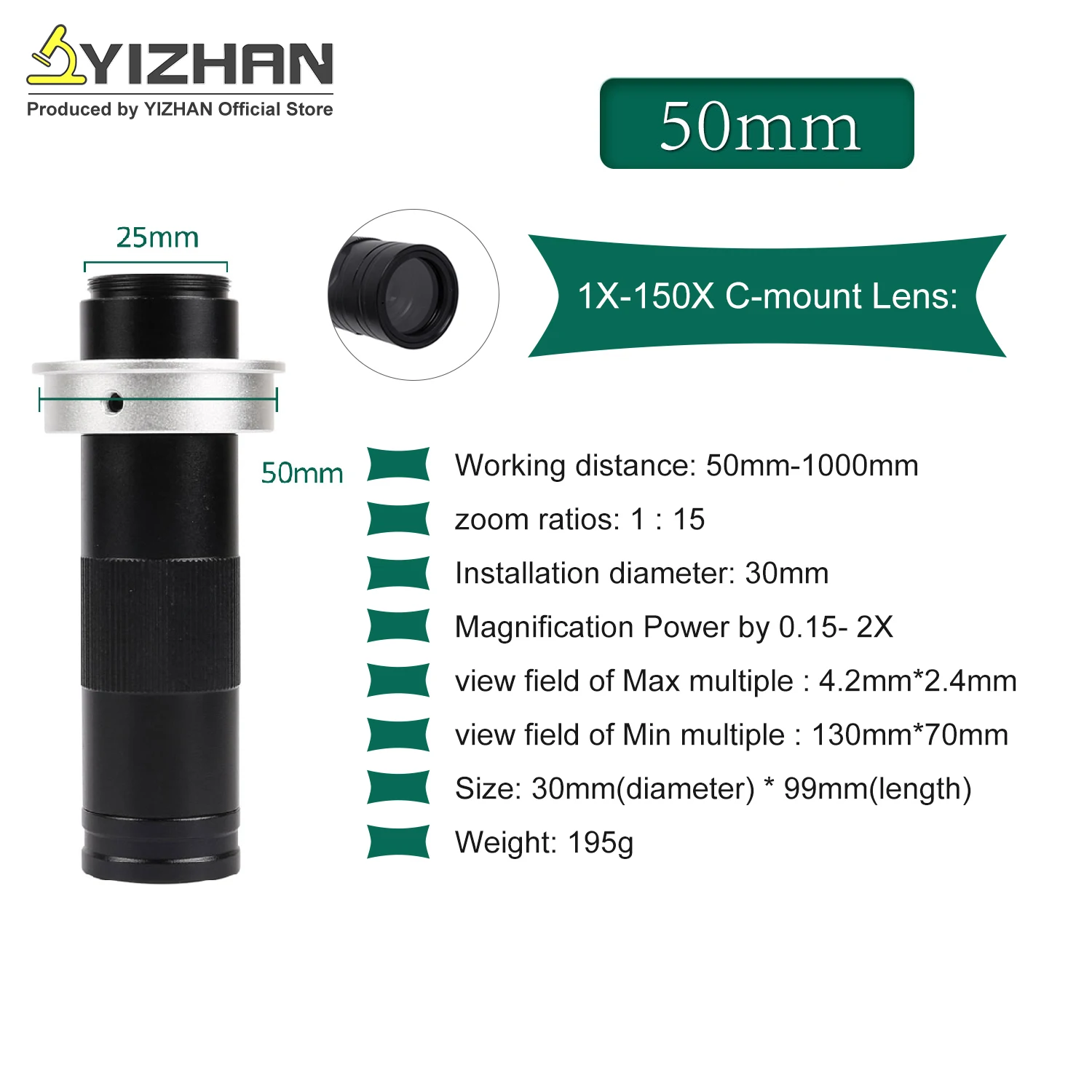YIZHAN 215x 180x 150x Lens 0.7X~4.5X Adjustable Magnification Industry Microscope Lens Multiples CS C-MOUNT For HDMI USB Camera