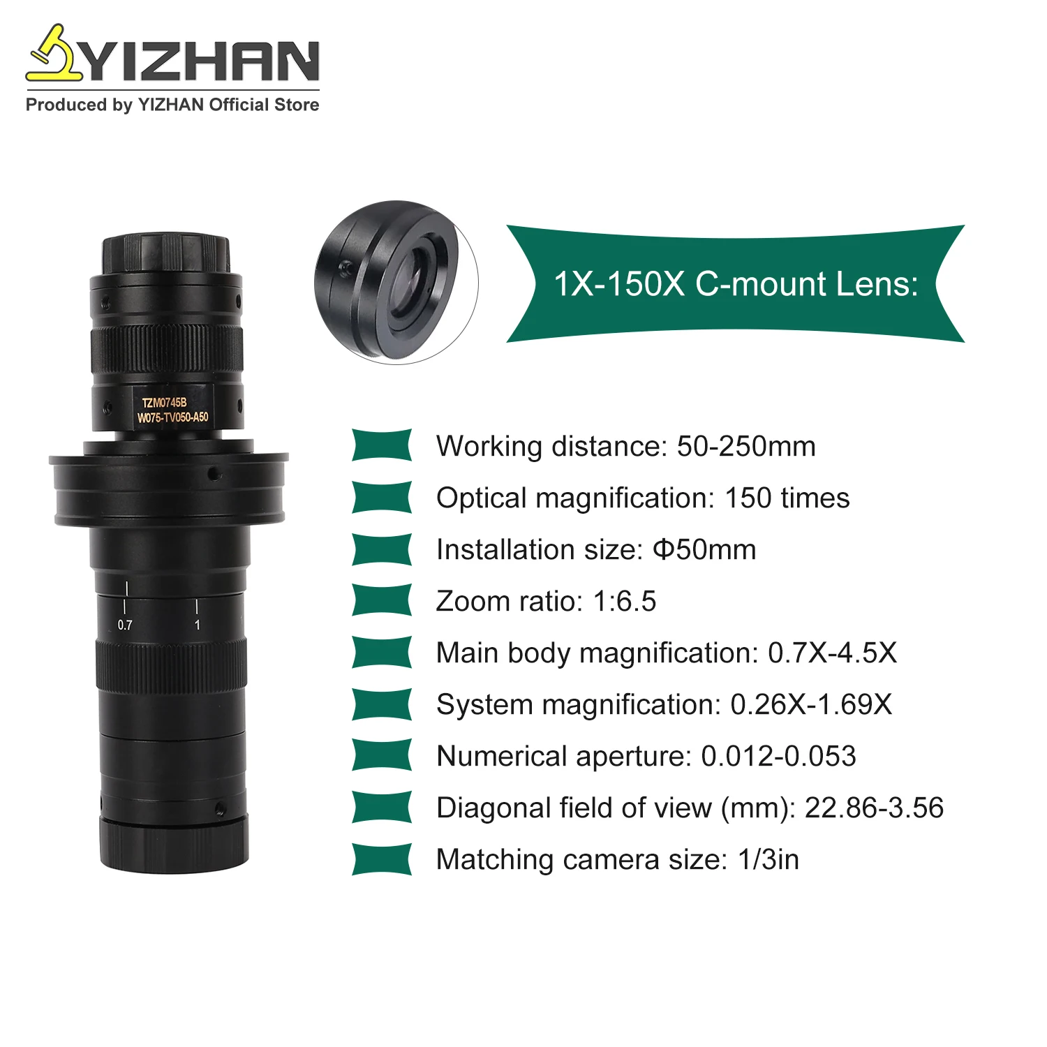YIZHAN 215x 180x 150x Lens 0.7X~4.5X Adjustable Magnification Industry Microscope Lens Multiples CS C-MOUNT For HDMI USB Camera