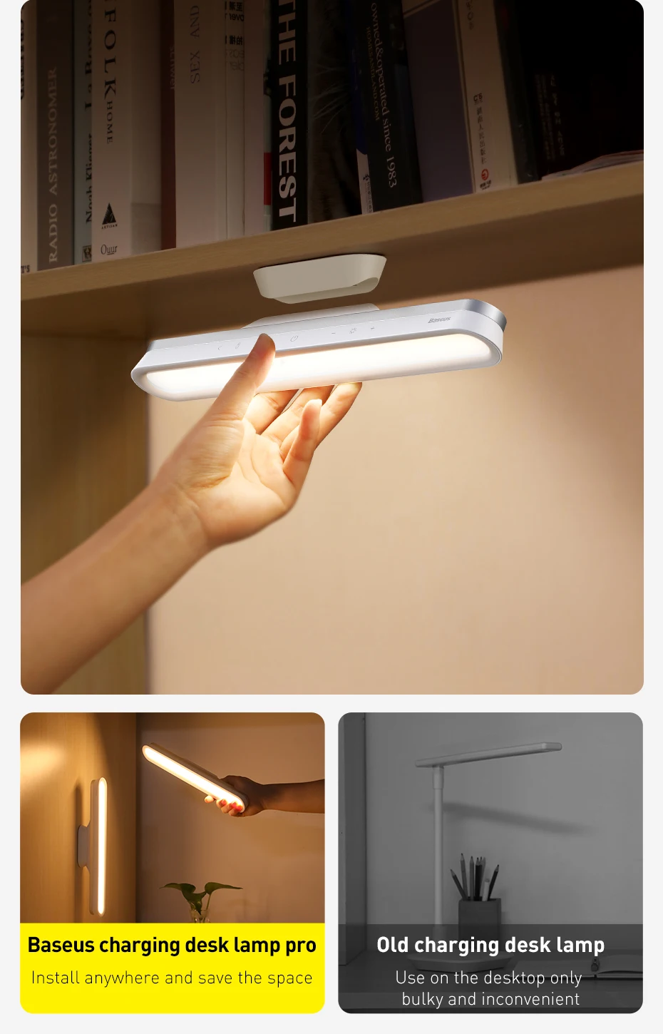 Baseus Desk Lamp Magnetic Hanging Light LED Table Lamp Rechargeable Stepless Dimming Cabinet Night Light Closet Wardrobe Lamp