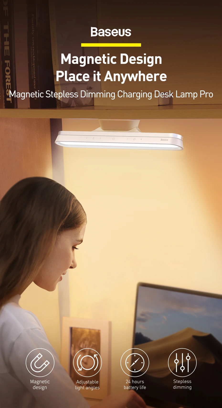 Baseus Desk Lamp Magnetic Hanging Light LED Table Lamp Rechargeable Stepless Dimming Cabinet Night Light Closet Wardrobe Lamp