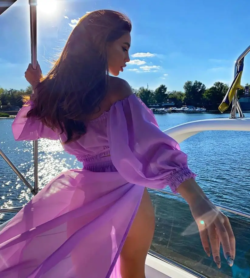 NEW Women Beach 2pcs Bikini Cover-Ups Swimsuit Off Shoulder Top+High Waist Dresss Sexy Ladies Swimming Cover Up Bathing Suit