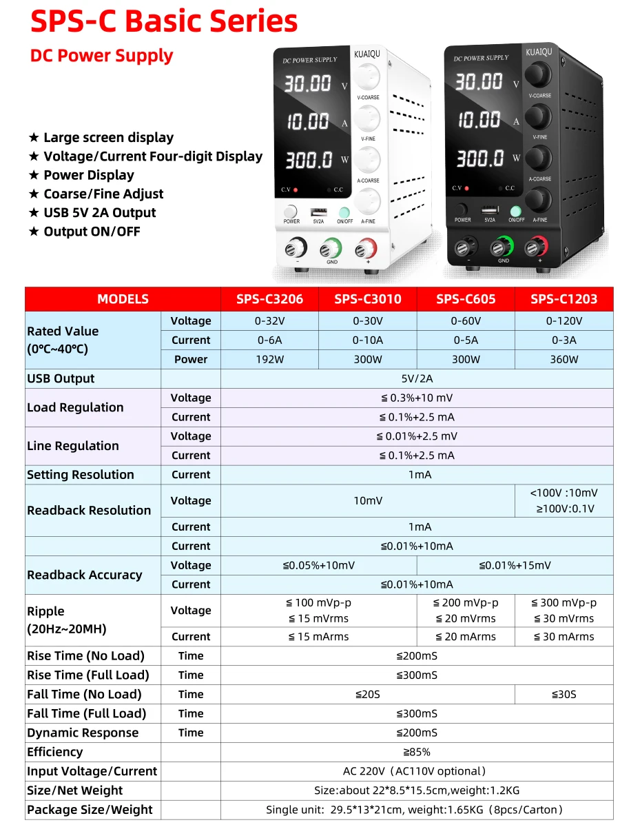 KUAIQU 30V 10A DC Power Supply Adjustable Digits Display Laboratory Power Supply Voltage Regulator 60V 5A 120V,32V 6A SPS-C3010