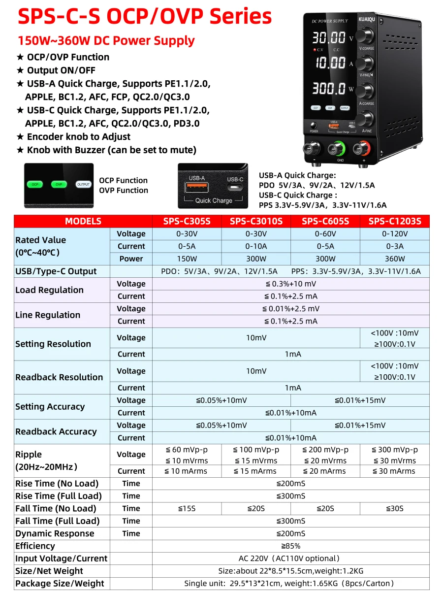 KUAIQU 30V 10A DC Power Supply Adjustable Digits Display Laboratory Power Supply Voltage Regulator 60V 5A 120V,32V 6A SPS-C3010