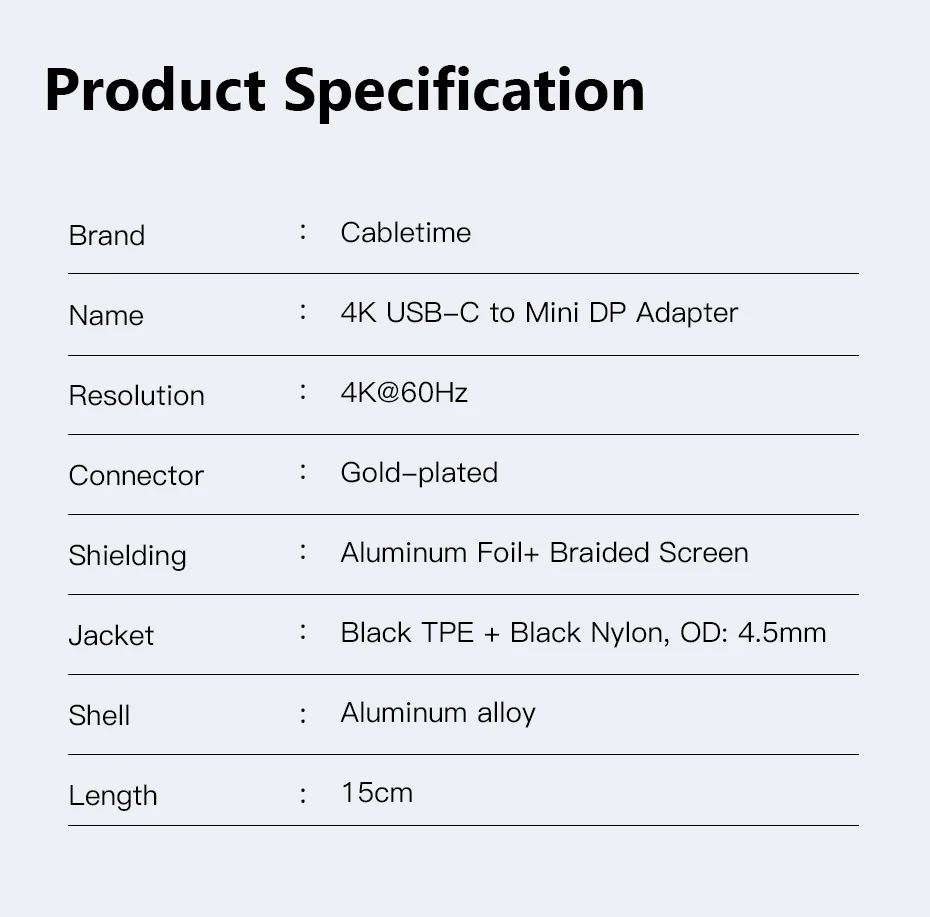 CABLETIME USB C to Mini DisplayPort Adapter 4K 60Hz for MacBook Huawei Samsung S20 Mini DP Converter Laptop Display Adapter