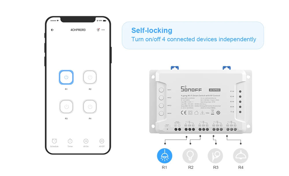 SONOFF-WiFi Smart Switch Module, Voice Control, Interlock Inching Mode via eWeLink App, Support Alexa and Google, 4CHR3/4CHPROR3