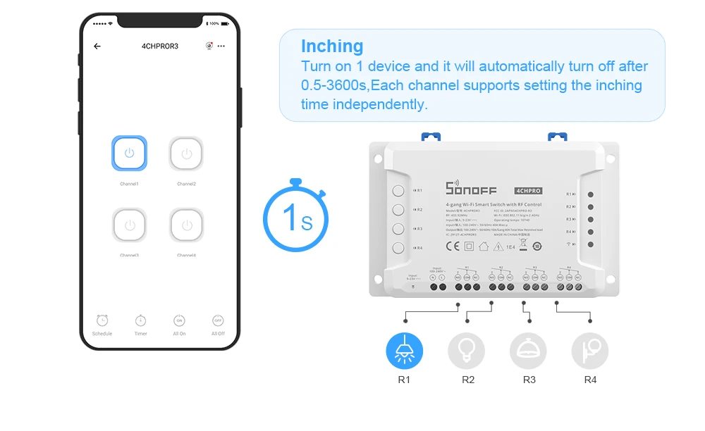SONOFF-WiFi Smart Switch Module, Voice Control, Interlock Inching Mode via eWeLink App, Support Alexa and Google, 4CHR3/4CHPROR3