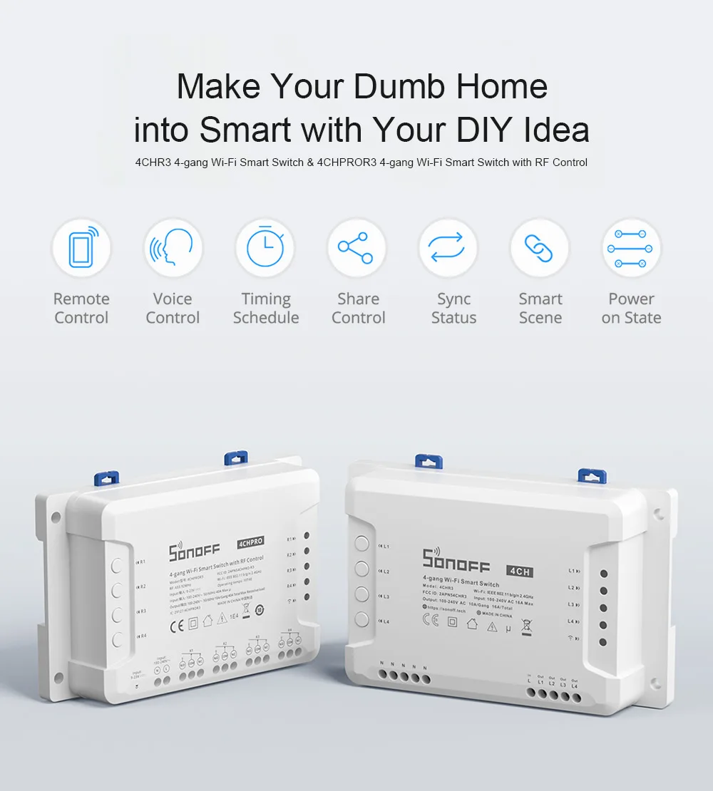 SONOFF-WiFi Smart Switch Module, Voice Control, Interlock Inching Mode via eWeLink App, Support Alexa and Google, 4CHR3/4CHPROR3