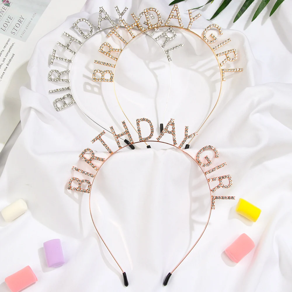 Fashion Sweet Birthday Girl Headband Metal Alloy Rhinestone Birthday Party Tiara Hair Hoop Princess Crown Women Headwear