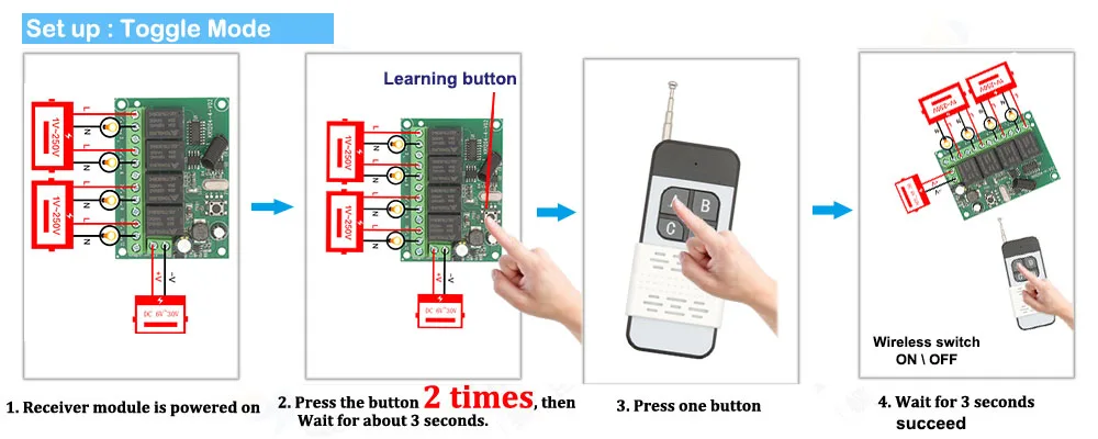 Wireless Remote Control DC 6V 12V 24V 30V 4CH RF Relay Receiver and 433MHZ Transmitter for Garage/Light/Motor/Home Appliance