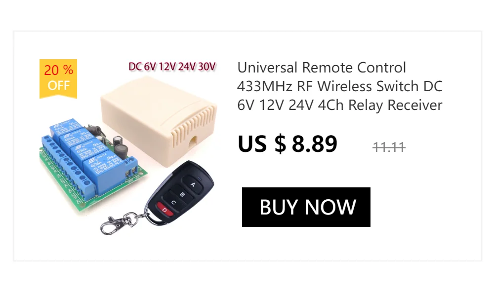 Wireless Remote Control DC 6V 12V 24V 30V 4CH RF Relay Receiver and 433MHZ Transmitter for Garage/Light/Motor/Home Appliance