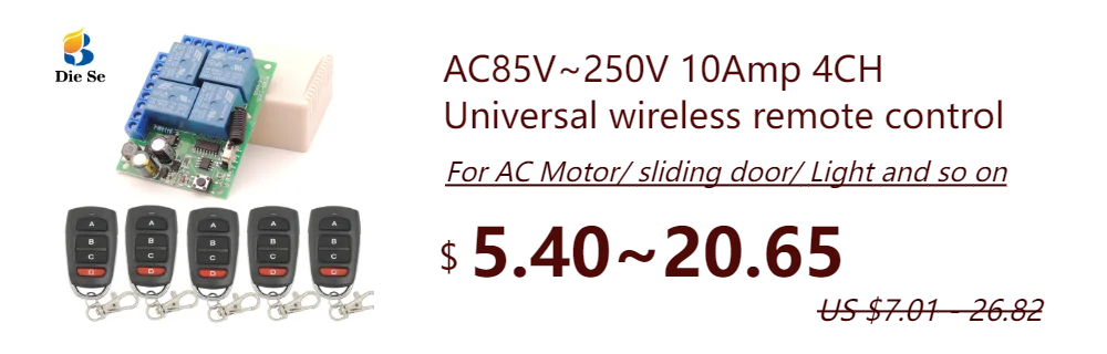 Wireless Remote Control DC 6V 12V 24V 30V 4CH RF Relay Receiver and 433MHZ Transmitter for Garage/Light/Motor/Home Appliance