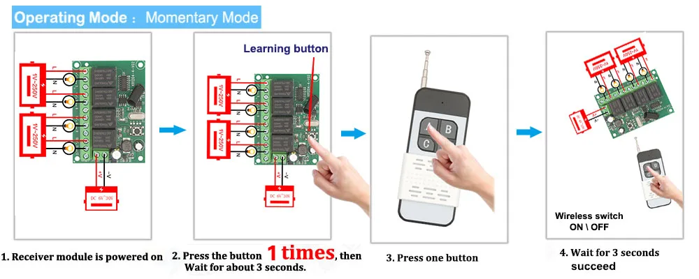 Wireless Remote Control DC 6V 12V 24V 30V 4CH RF Relay Receiver and 433MHZ Transmitter for Garage/Light/Motor/Home Appliance