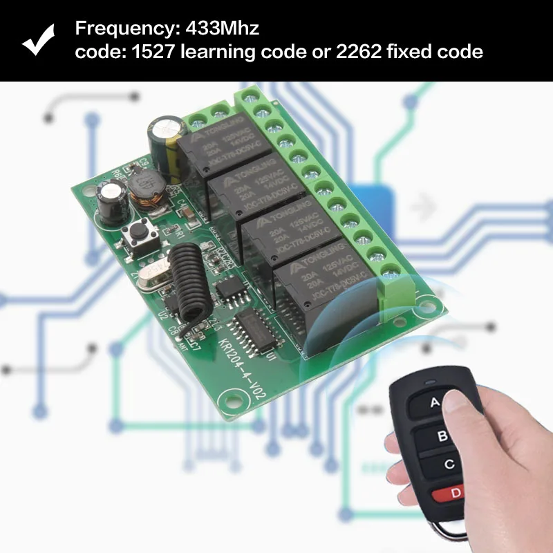 Wireless Remote Control DC 6V 12V 24V 30V 4CH RF Relay Receiver and 433MHZ Transmitter for Garage/Light/Motor/Home Appliance