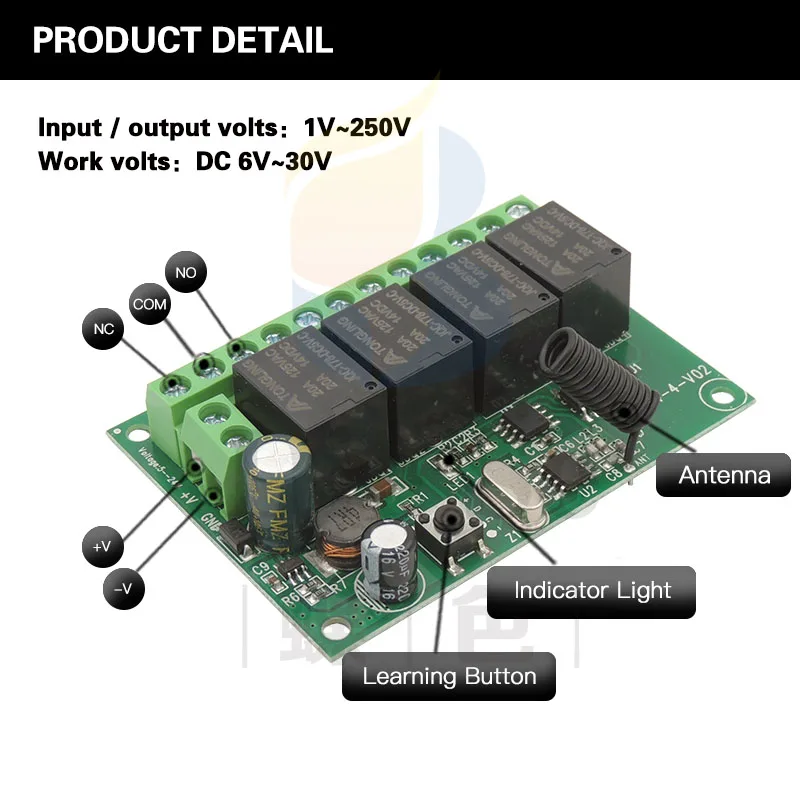 Wireless Remote Control DC 6V 12V 24V 30V 4CH RF Relay Receiver and 433MHZ Transmitter for Garage/Light/Motor/Home Appliance