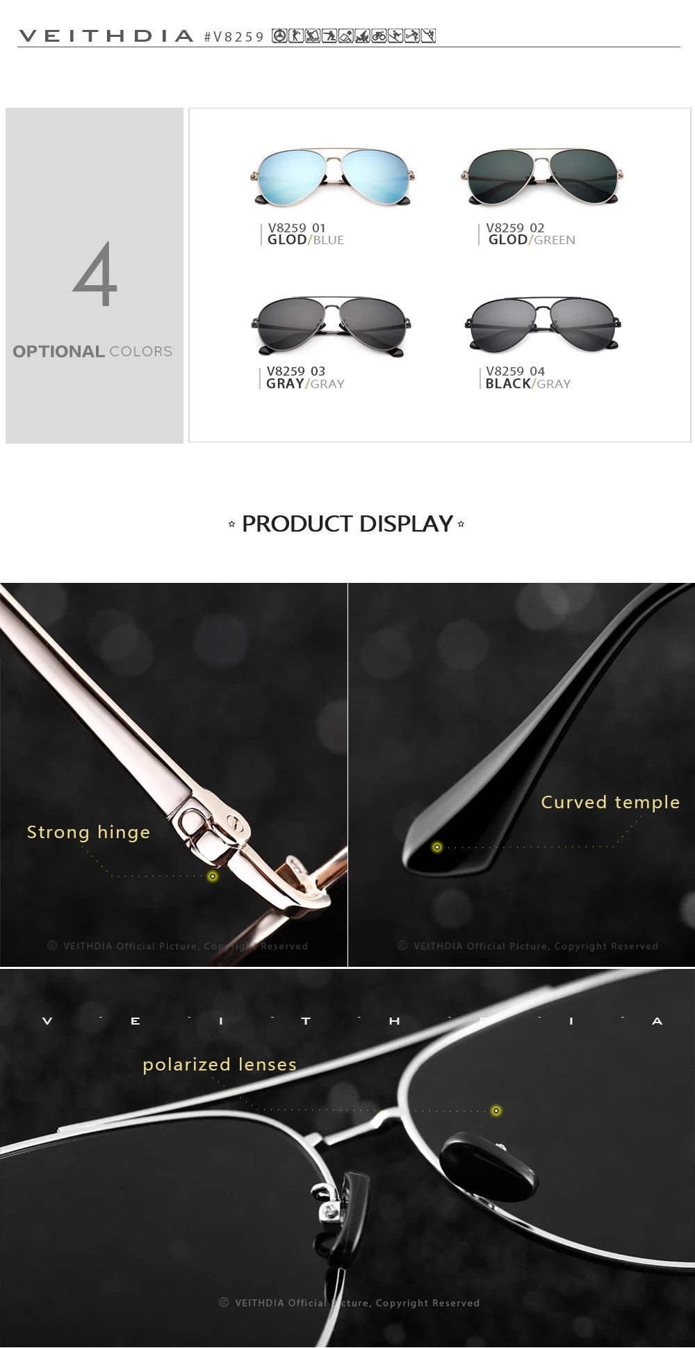 VEITHDIA Brand Sunglasses Classic Fashion Men Women Polarized Mirror UV400 Lens Outdoor Eyewear Accessories For Male/Female 8259