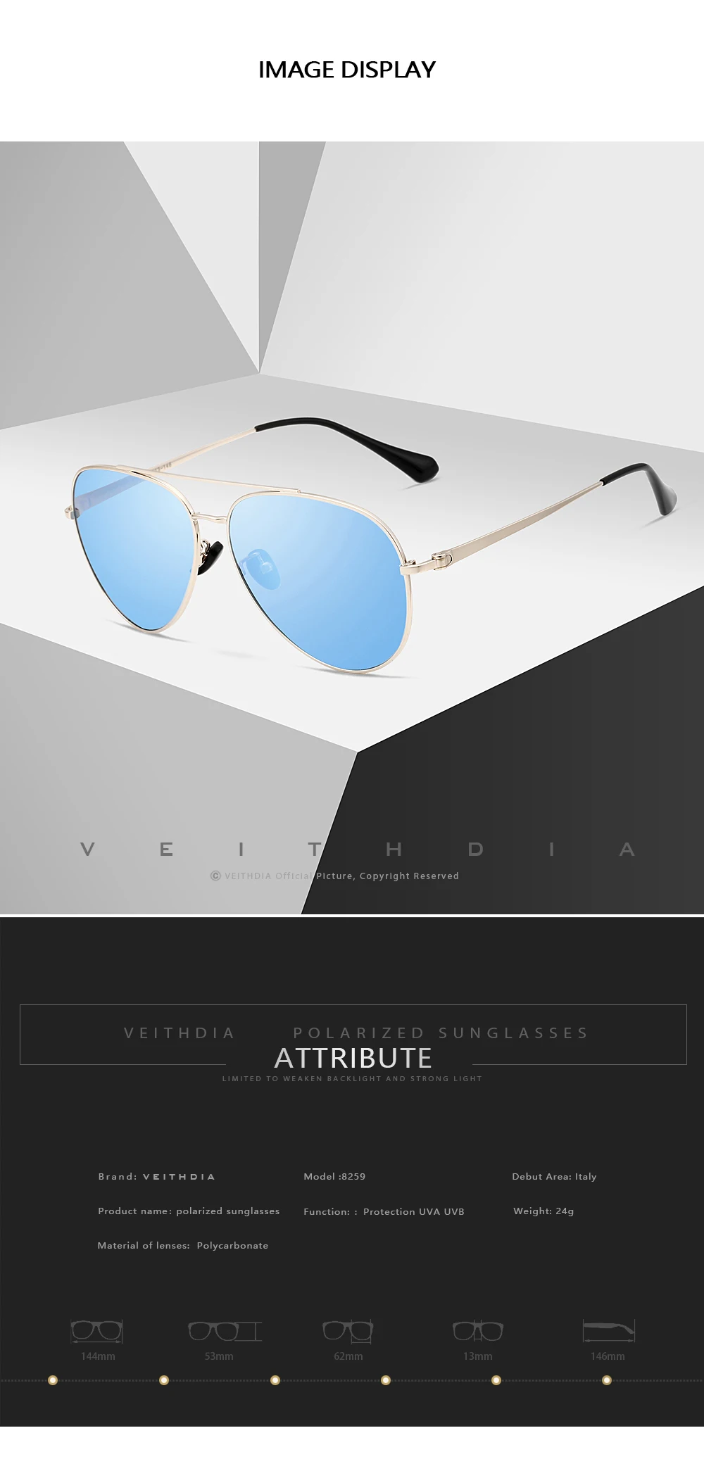 VEITHDIA Brand Sunglasses Classic Fashion Men Women Polarized Mirror UV400 Lens Outdoor Eyewear Accessories For Male/Female 8259