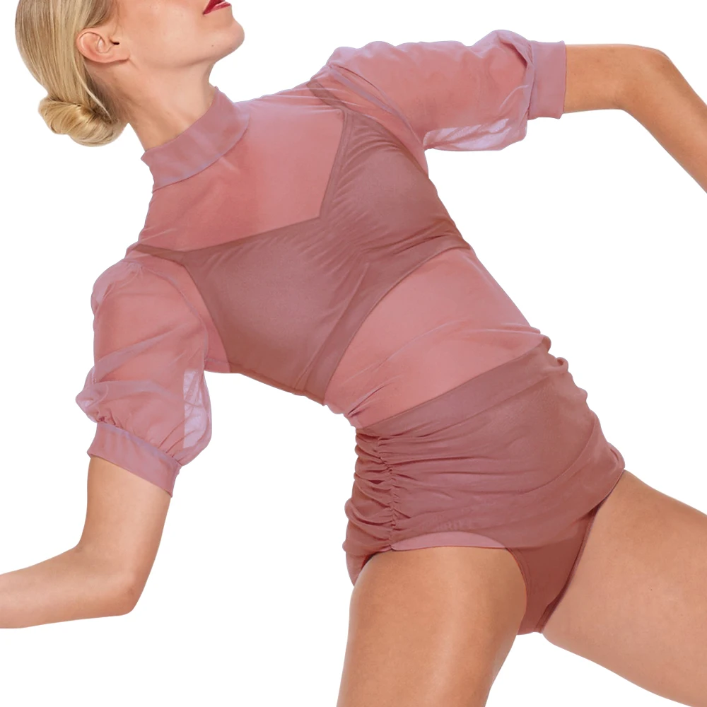 3 Piece Stretch Mesh Mock Neck Pullover Top Puff Sleeves Shirring Sides Modern Dance Costume Jazz Wear Performance Outfit