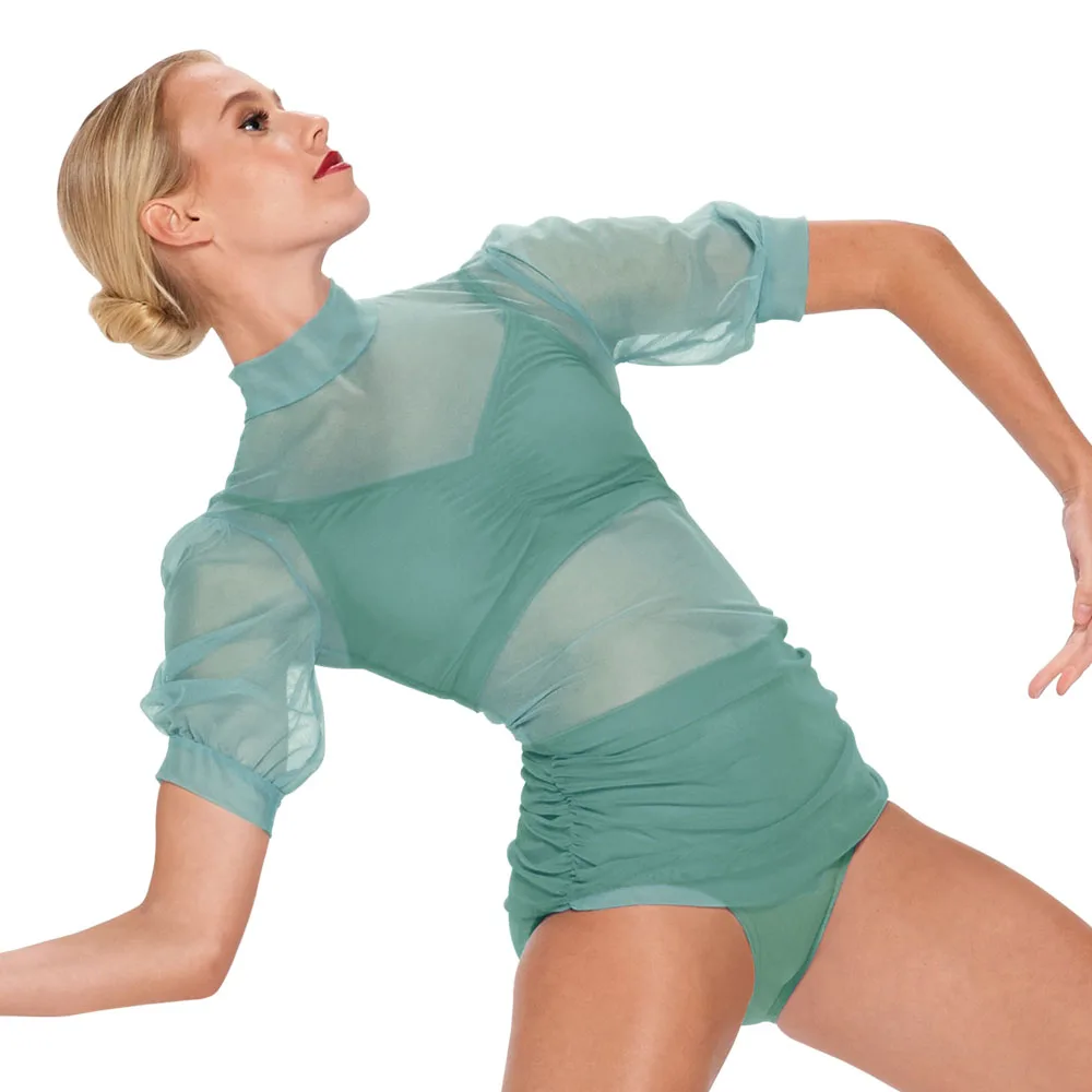 3 Piece Stretch Mesh Mock Neck Pullover Top Puff Sleeves Shirring Sides Modern Dance Costume Jazz Wear Performance Outfit