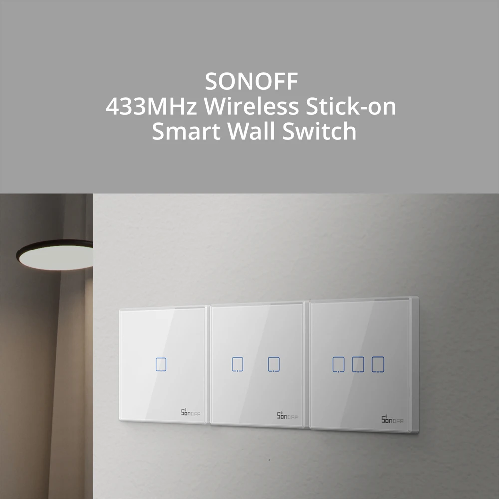 SONOFF T2EU-RF Wall Panel Sticky 433MHz RF Remote Wireless 1-3 Gang Two-Way Control with 4CHPROR3 RFR2 TX Wall Switches