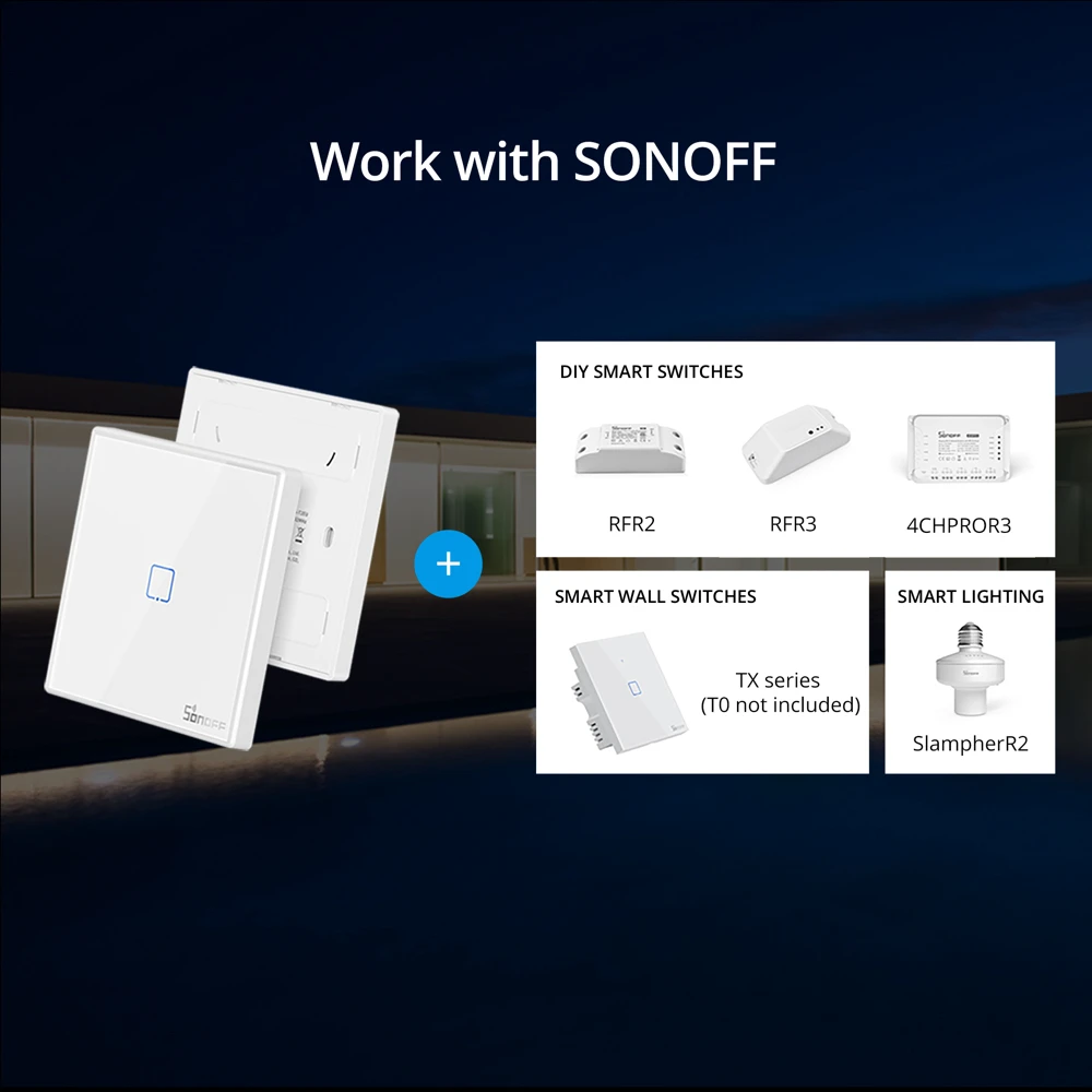 SONOFF T2EU-RF Wall Panel Sticky 433MHz RF Remote Wireless 1-3 Gang Two-Way Control with 4CHPROR3 RFR2 TX Wall Switches