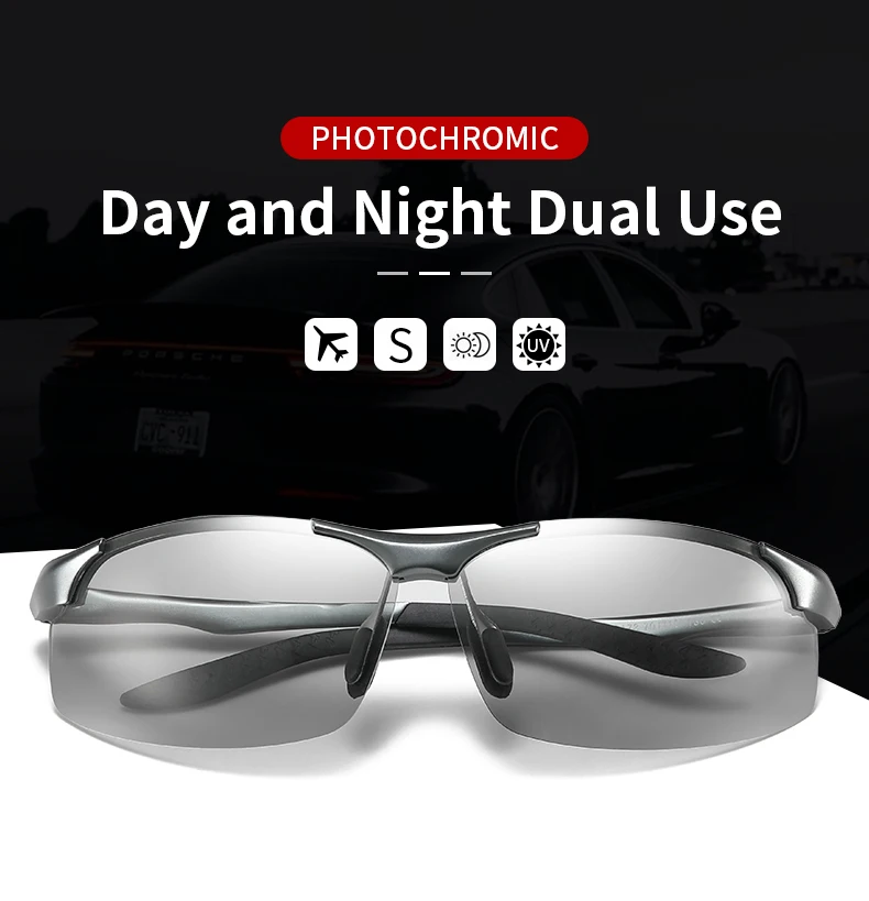 Sunglasses For Men Fashion Day Glasses For Night Vision Photochromic Outdoor Driving Rimless Male Polarized UV400 Lens VT2173