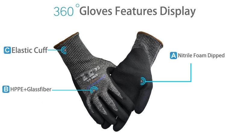 ANSI A4 Anti Cut Resistant Work Glove HPPE Micro Foam Nitrile Maxi High Flex Proof Glass Handling Butcher Safety Gloves