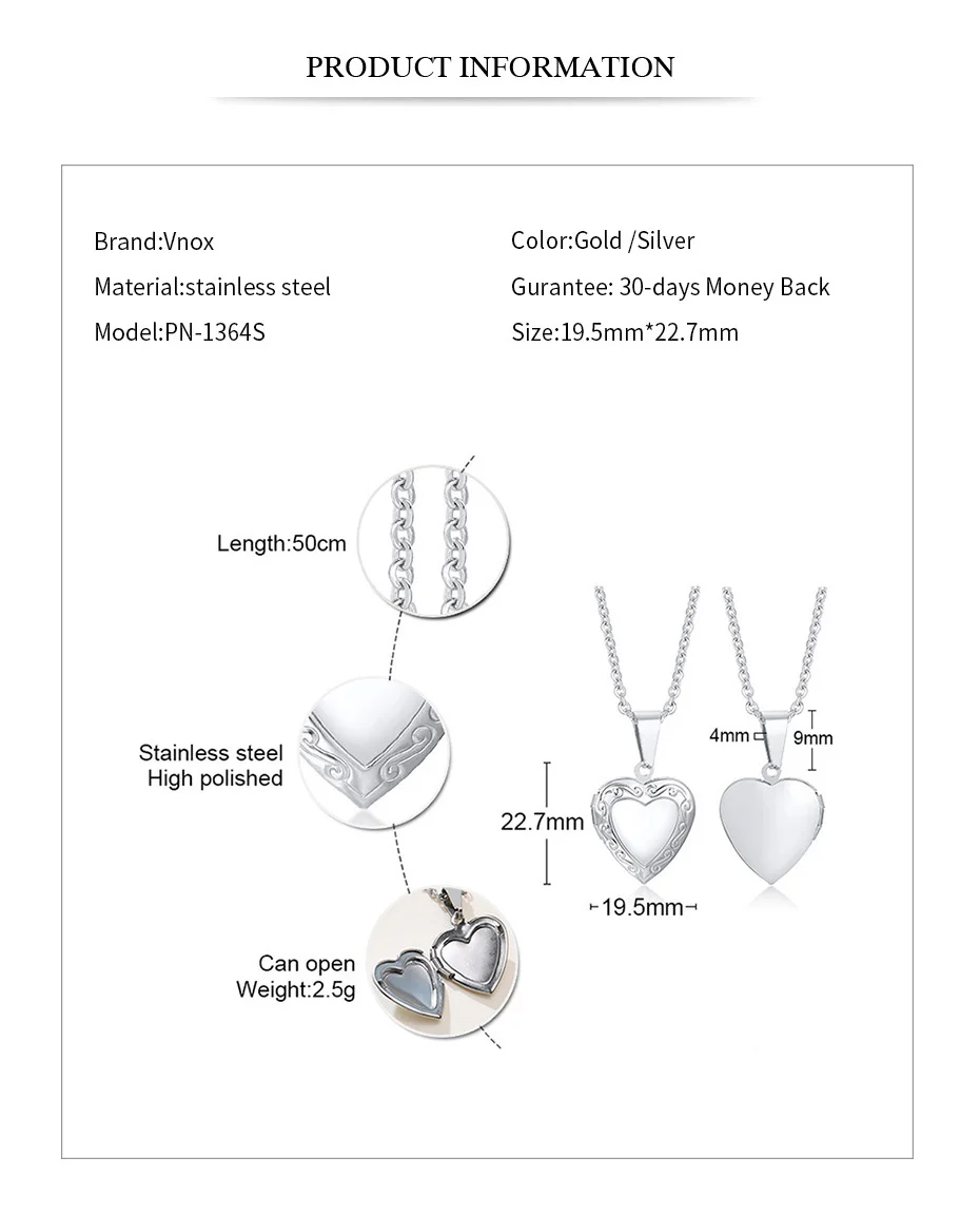 Vnox Customize Picture Name Women Necklaces Heart Locket Pendant Family Image Personalized Anniversary Gift