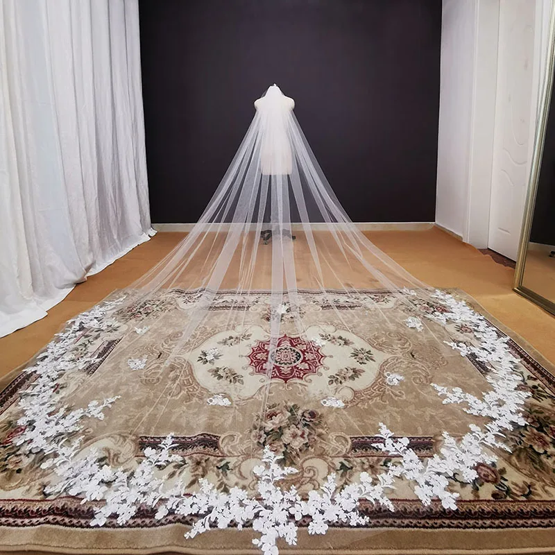Customized Real Photos Long Lace Appliques Wedding Veil White Ivory Cathedral 1 Layer Bridal Veil 3.5 Meters Bride Veil