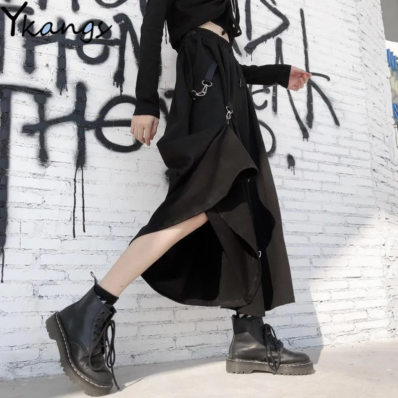 Plus Size Harajuku Punk Style Skirts Women High Waist Buckle Irregular Gothic Skirt Black Hip Hop Streetwear Freely Adjustable