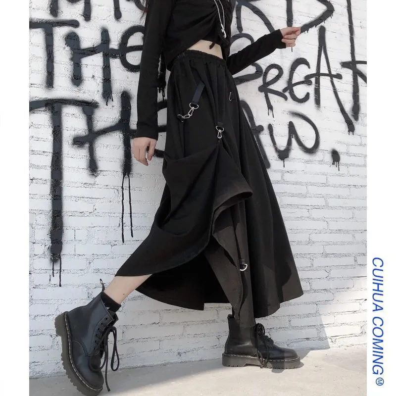 Plus Size Harajuku Punk Style Skirts Women High Waist Buckle Irregular Gothic Skirt Black Hip Hop Streetwear Freely Adjustable