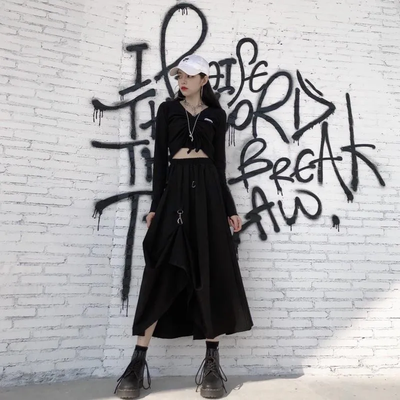 Plus Size Harajuku Punk Style Skirts Women High Waist Buckle Irregular Gothic Skirt Black Hip Hop Streetwear Freely Adjustable