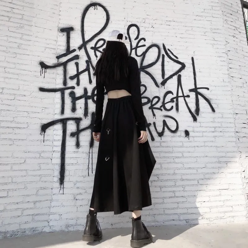 Plus Size Harajuku Punk Style Skirts Women High Waist Buckle Irregular Gothic Skirt Black Hip Hop Streetwear Freely Adjustable