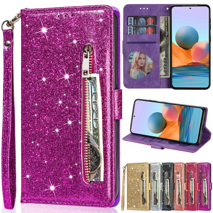 Wallet Glitter Zipper Card Slot Magnetic Flip Leather Case For Xiaomi 14T Redmi 15C 14C 13C 12C Note 14 Pro+ 14S 13 12 11 10 Pro