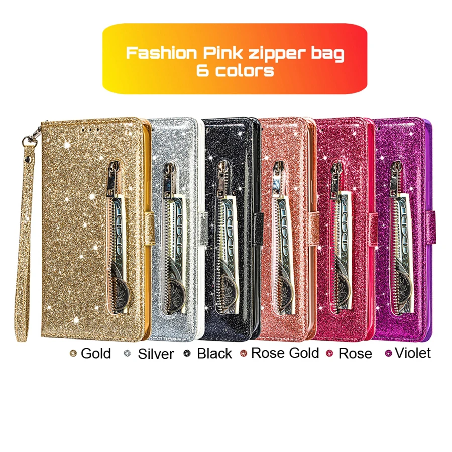 Wallet Glitter Zipper Card Slot Magnetic Flip Leather Case For Xiaomi 14T Redmi 15C 14C 13C 12C Note 14 Pro+ 14S 13 12 11 10 Pro