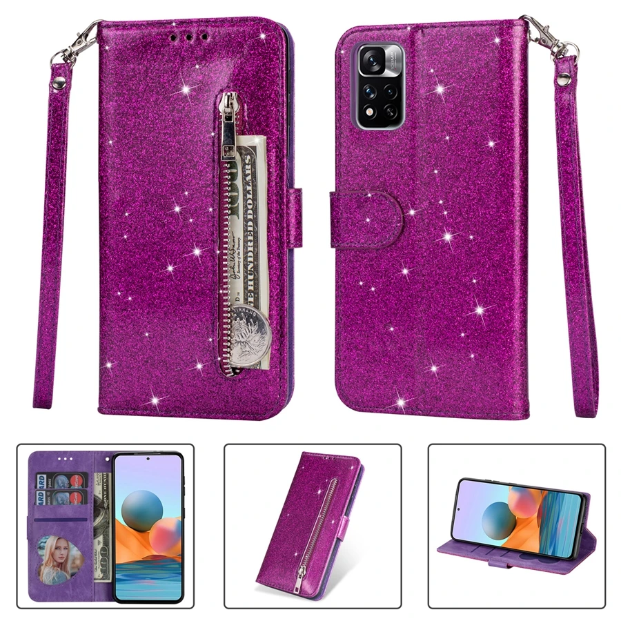 Wallet Glitter Zipper Card Slot Magnetic Flip Leather Case For Xiaomi 14T Redmi 15C 14C 13C 12C Note 14 Pro+ 14S 13 12 11 10 Pro