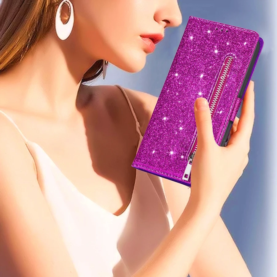 Wallet Glitter Zipper Card Slot Magnetic Flip Leather Case For Xiaomi 14T Redmi 15C 14C 13C 12C Note 14 Pro+ 14S 13 12 11 10 Pro