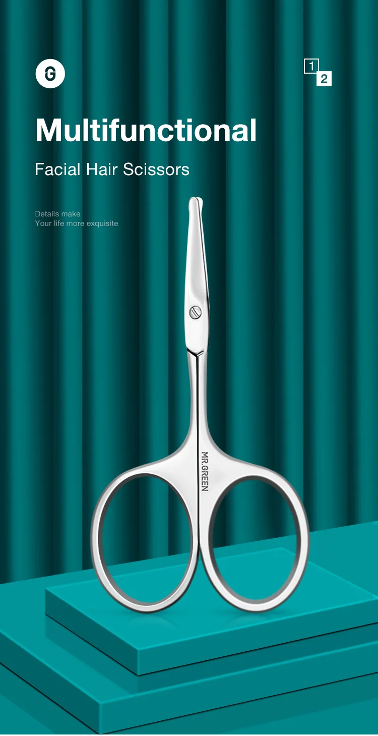 MR.GREEN Facial Hair Scissors Rounded Professional Stainless Steel Mustache Nose Hair Beard Eyebrows Eyelashes Trimming Clippers