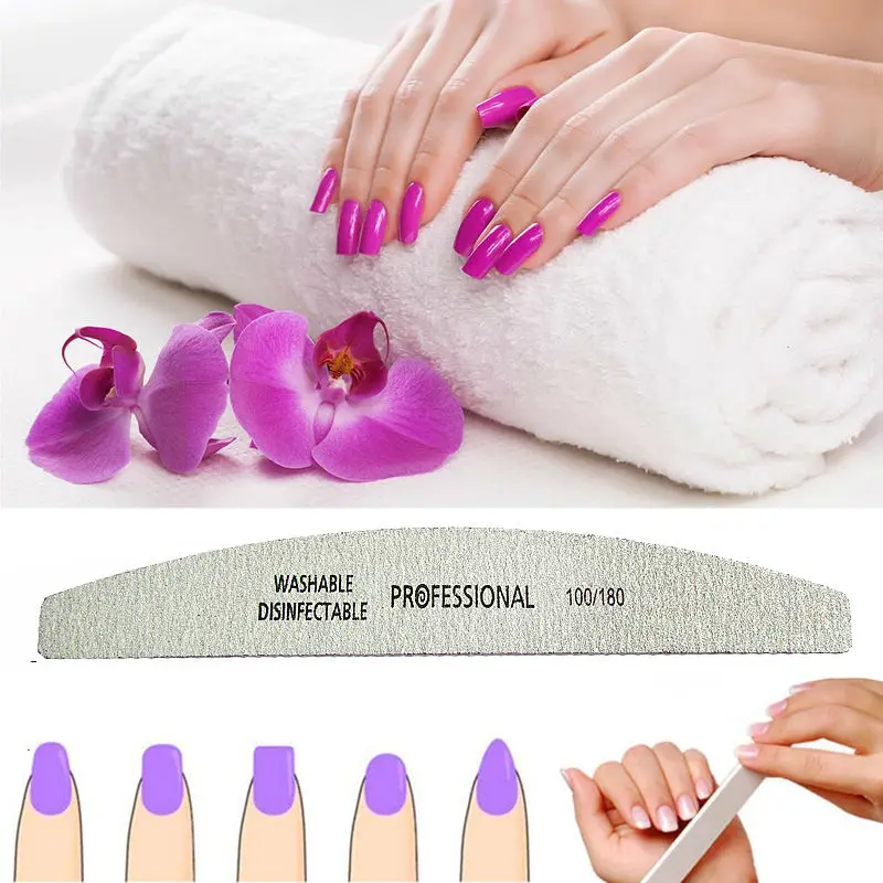50Pcs 100/180 Nail Art Sanding Sandpaper Nail Washable Nail File Semilune Banana Buffing Curved Professional Manicure Tools Set
