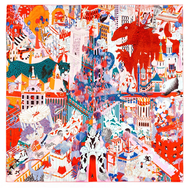 POBING Manual Hand Rolled Twill Silk Scarf Women Animals Kingdom Square Scarves Echarpes Foulards Femme Wrap Bandana Hijab 90CM